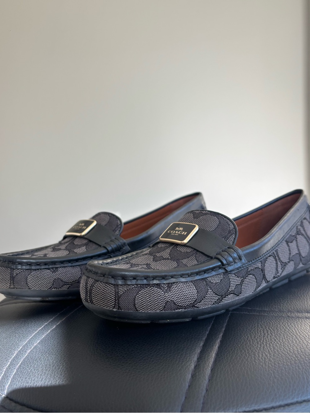 Coach Black Signature Jacquard Leather Trim Loafers